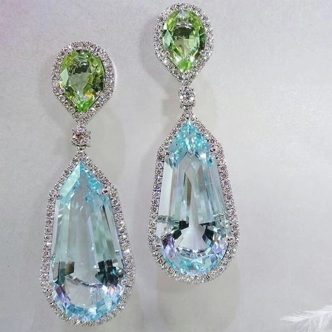 Orecchini Pendenti In Zirconia Bicolore Rame Geometrici Taglio A Pera Blu Chiaro Verde Halo Matrimonio Festa Donna