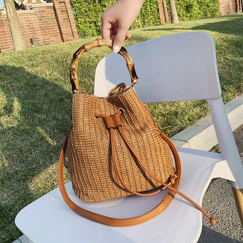Women Retro Straw Woven Bucket Bag With Bamboo Handle PU Leather Drawstring Removable Adjustable Shoulder Strap