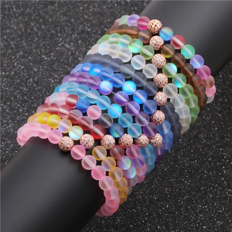 Bracciale Di Perline In Pietra Di Luna Opaca Con Sfera In Zircone Micro Pave Di Rame Gioielli Elastici Alla Moda