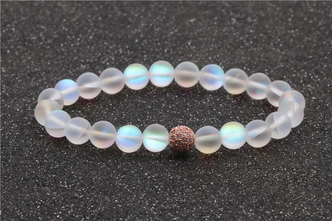 Bracciale Di Perline In Pietra Di Luna Opaca Con Sfera In Zircone Micro Pave Di Rame Gioielli Elastici Alla Moda