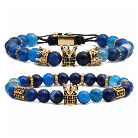 Crown Natural Stone Beaded Bracelet Men Micro Pave Zircon Copper Charm Adjustable Elastic Healing Yoga Jewelry