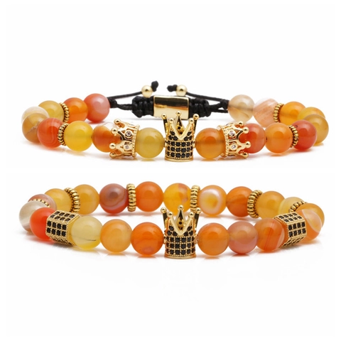 Natural Stone Beaded Bracelet With Copper Crown Micro Pave Zircon Elegant Charm Jewelry Unisex