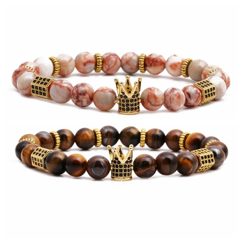 Bracelets Perles Pierre Naturelle Pendentif Couronne Oeil De Tigre Mantra Pierre De Lave Bijoux Cuivre Alliage