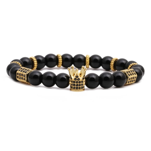 Naturstein Tigerauge Obsidian Perlenarmband Mit Zirkonia Krone Verstellbares Gewebtes Seil Für Herren Damen