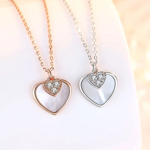 Collar Con Colgante de Doble Corazón de Plata de Ley 925 para Mujer Con Nácar y Diamantes de Imitación Joyería de Cadena