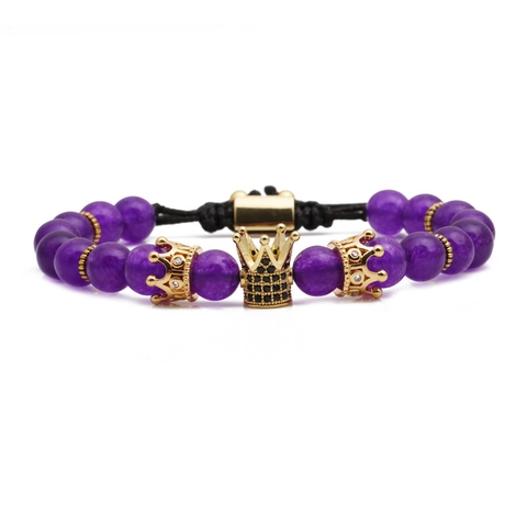 Bracciale Di Perle Con Ametista Naturale Pietra Opaca E Ciondolo Corona In Rame Zirconia Gioielli Di Moda Per Uomini Donne