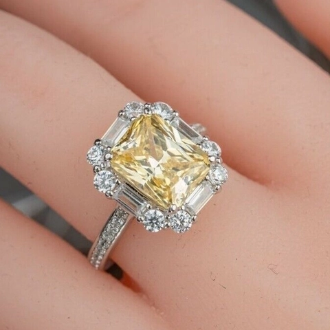 Luxury Rectangle Yellow Cubic Zirconia Copper Ring Radiant Cut Halo Engagement Jewelry For Women Party Elegant