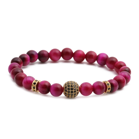 Bracciale Di Perline Occhio Di Tigre Tubo Curvo In Rame Micro Pavé Sfera Di Zircone Gioielli Di Moda Per Uomini Donne