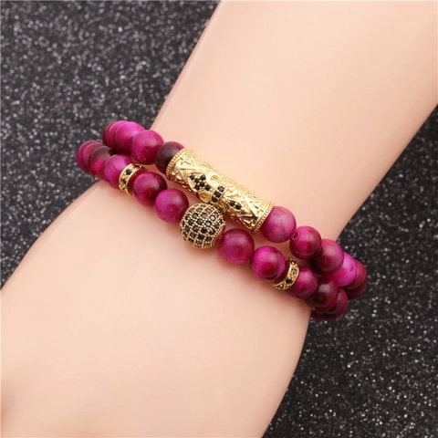 Bracciale Di Perline Occhio Di Tigre Tubo Curvo In Rame Micro Pavé Sfera Di Zircone Gioielli Di Moda Per Uomini Donne