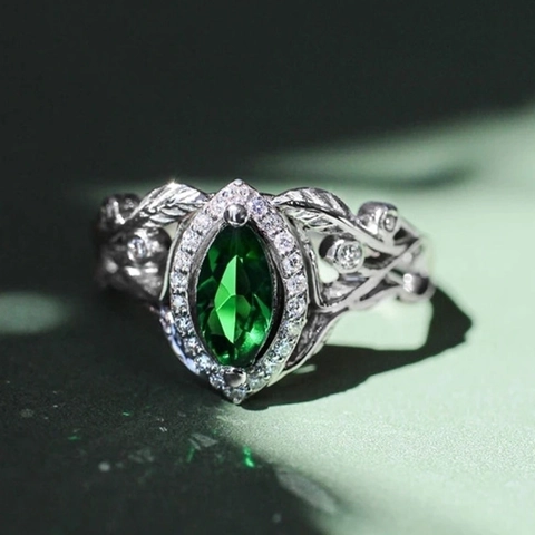 Vintage Marquise Grüner Zirkonia Ring Kupfer Blatt Rebe Design Natur Stil Silber Plattiert Damen Retro Schmuck