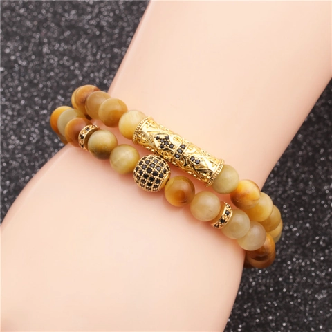 Bracciale Di Perle In Pietra Occhio Di Tigre Con Tubo Curvo In Rame Micro Pavè Sfera Di Zircone Stile Etnico Vintage Unisex