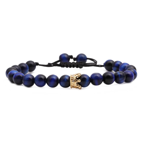 Natural Tiger Eye Amethyst Stone Beaded Bracelet Hand Woven Adjustable Black Rope Alloy Crown Micro Pave Zircon Jewelry