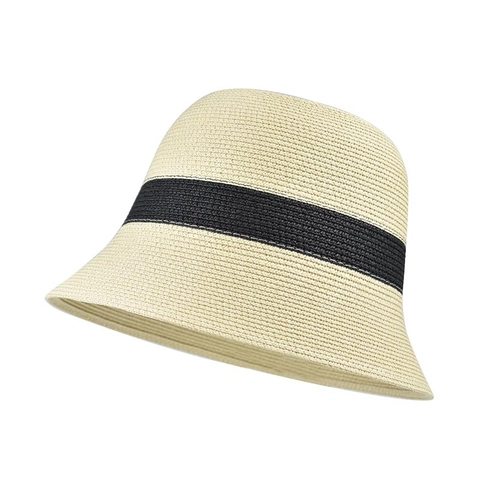 Women Summer Straw Bucket Hat Sun Protection Foldable Breathable Woven Fisherman Hat With Contrast Ribbon Beach Sun Shade Wide Brim Hats