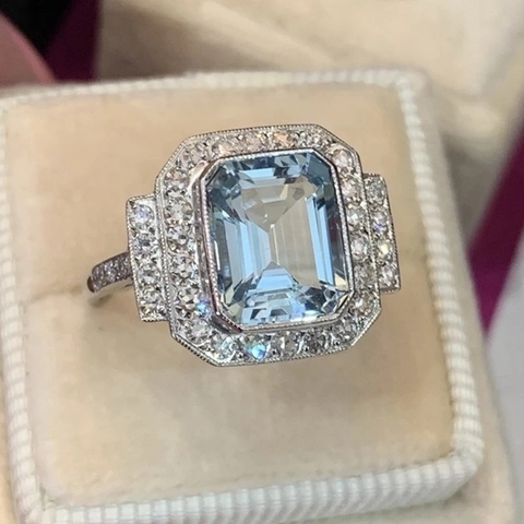 Sea Blue Zircon Ring Copper Emerald Cut Square Halo Vintage Art Deco Luxury Geometric Jewelry For Women Anniversary