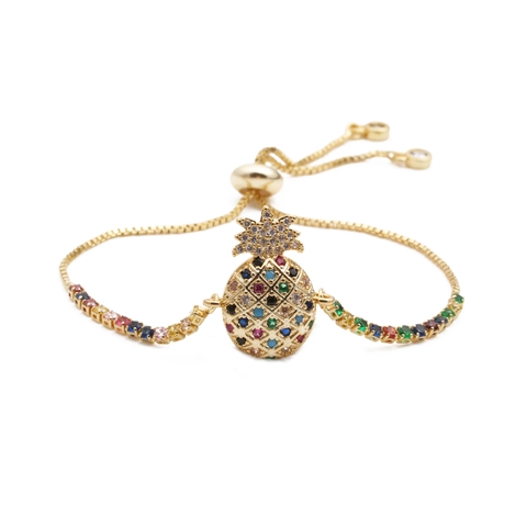 Ananas Charm Armband Kupfer Bunte Zirkonia Verstellbar Kordelzug Tropischer Stil Schmuck Geschenk Für Frauen