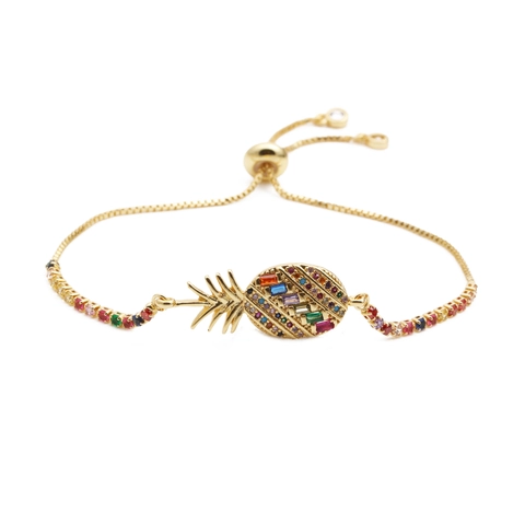Ananas Charm Armband Kupfer Bunte Zirkonia Verstellbar Kordelzug Tropischer Stil Schmuck Geschenk Für Frauen