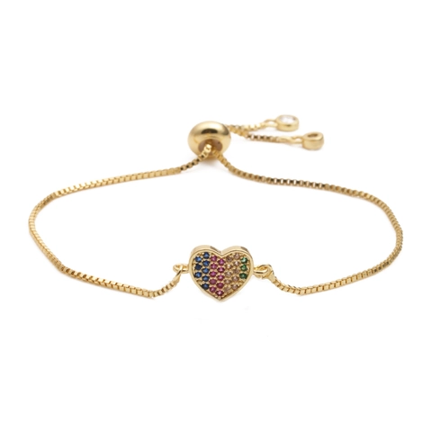 Pulsera Ajustable De Corazón Cobre Micro Pavé Circonia Colorida Arcoiris Joyería Cordón Deslizante Para Hombre Mujer