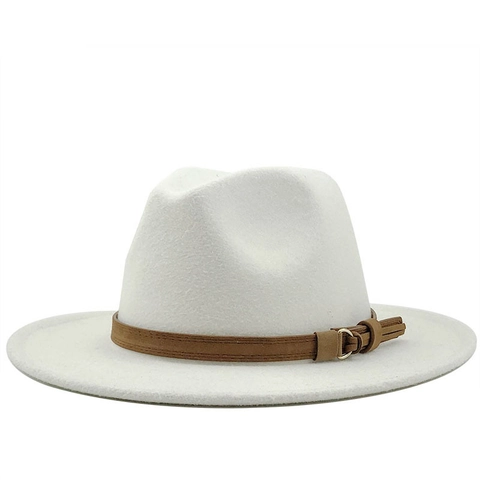Women British Style Cashmere Fedora Hat Wide Brim Woolen Felt Jazz Hat With Leather Belt Metal Buckle Retro Church Cap