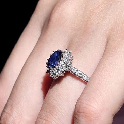 Bague De Fiançailles En Zircon Bleu Ovale Cuivre Luxe Double Halo Pave Band Bijoux De Mariage Vintage Pour Femmes