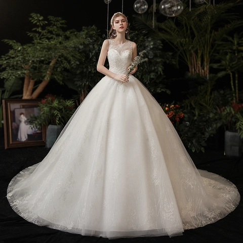 Lujoso Vestido De Novia De Encaje Blanco Escote Ilusión Sin Mangas Vestido De Baile Con Cola Larga Vestido De Novia Con Lentejuelas