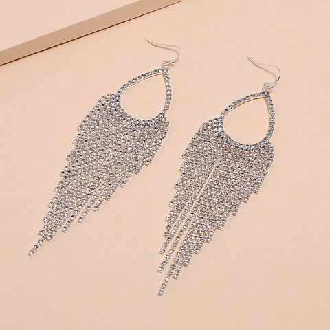 Rhinestone Tassel Dangle Earrings Water Drop Alloy Long Hook Elegant Women Jewelry With Stainless Steel Earring Post