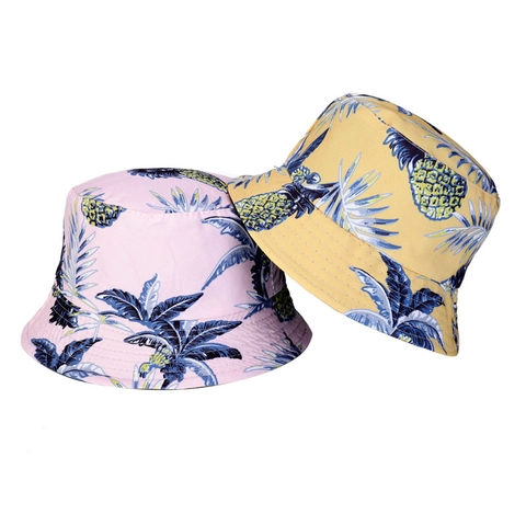 Cappello Alla Pescatora Stampa Tropicale Ananas Foglia Di Palma Cotone Traspirante Protezione Solare Estate Spiaggia Viaggio Unisex Reversibile