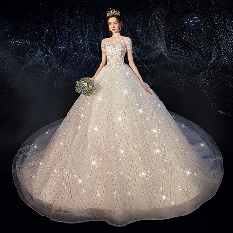 Elegantes Hochzeitskleid Luxus Spitze Stickerei Tüll Pailletten Lange Schleppe Brautkleid Formelle Abendparty Frauen