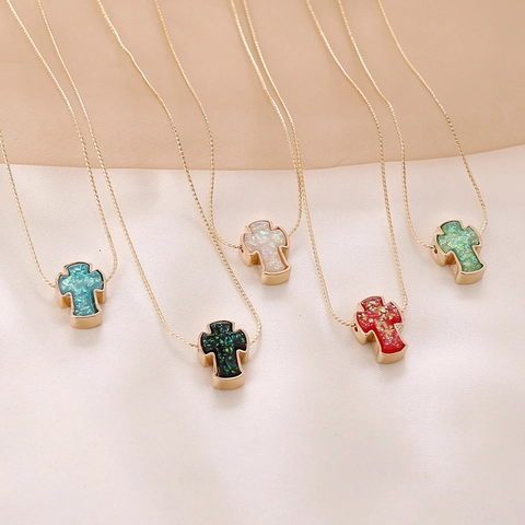 Cross Pendant Necklace Alloy Rose Gold Plated Faux Opal Glitter Inlay Vintage Fashion Jewelry For Women