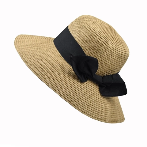 Dames Zomer Strooien Zonnehoed Brede Rand UV Bescherming Strand Vakantie Elegant Lint Strik Geweven Hoed