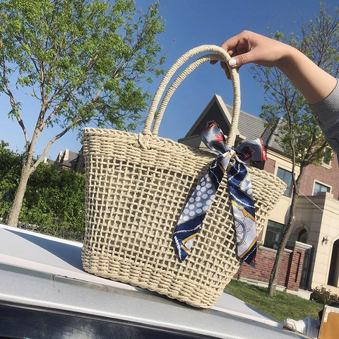 Damen Gewebte Stroh-Tragetasche Sommer Strand Hohle Maschen Handtasche Mit Dekorativem Satinnschal Reißverschluss