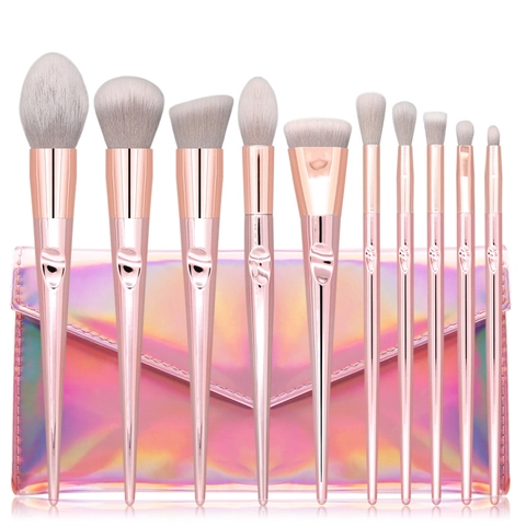 Brochas Maquillaje Pro Mango Plástico Oro Rosa Cerdas Sintéticas Para Base Polvos Sombra Ojos Estuche Holográfico