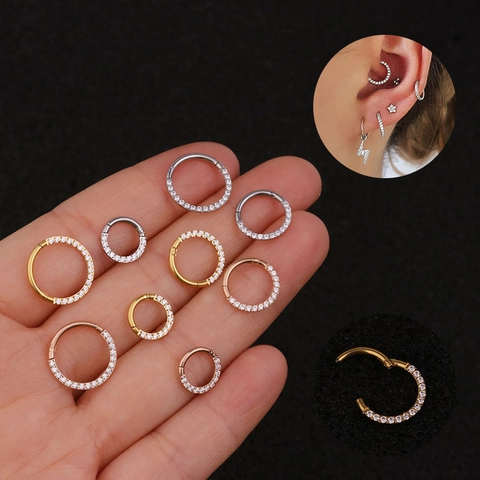 Stainless Steel Hinged Clicker Ring With Zircon Minimalist Nose Piercing Jewelry Ear Cartilage Helix Hoop