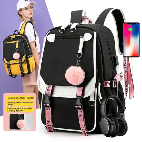 Mode Rugzak Hoge Dichtheid Nylon USB Oplaadpoort Schooltas Contrastkleur Casual Reizen Laptopvak Met Bontbal Decoratie