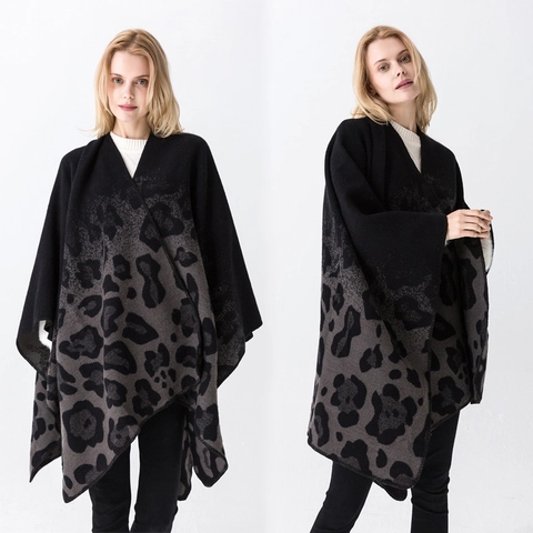 Leopard Muster Schal Poncho Damen Mode Gestrickt Wickelmantel Cape Vorne Offen Geometrisch Warm Fransen Polyester Viskose Mischung