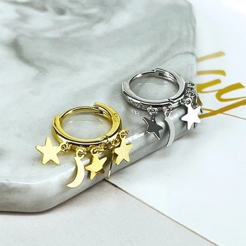 Creolen Aus Kupfer Mit 925er Sterling Silber Ohrstecker Stern Mond Anhänger Für Damen Modeschmuck