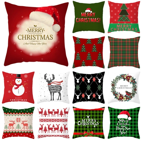Housse De Coussin De Noël Peau De Pêche Polyester Carré Taie Décoration Maison Motif Renne Père Noël Flocon De Neige