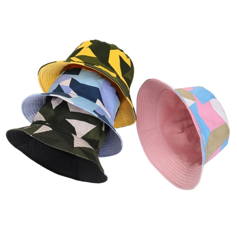 Geometric Patchwork Bucket Hat Cotton Canvas Sun Protection Breathable Reversible Wide Brim Summer Travel For Women