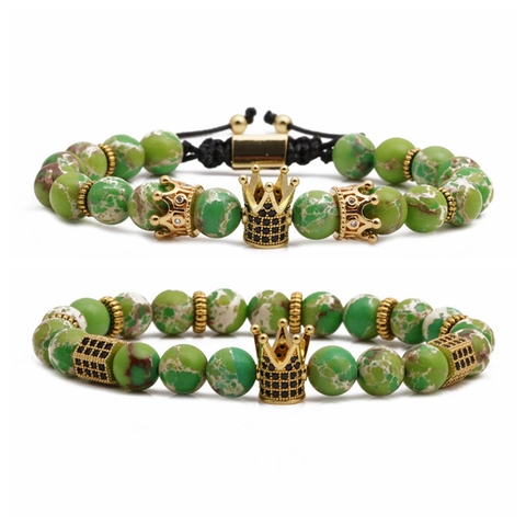 Pulseras De Cuentas De Piedra Natural Corona De Cobre Circón Dije Cordón Tejido Ajustable Elástico Joyería
