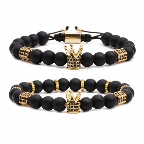 Crown Natural Stone Beaded Bracelet Men Micro Pave Zircon Copper Charm Adjustable Elastic Healing Yoga Jewelry