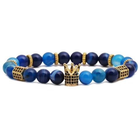 Crown Beaded Bracelet Agate Hematite Stone Micro Pave Zircon Alloy Charm Braided Rope Unisex Fashion