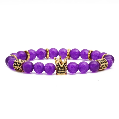 Bracciale Di Perle Con Ametista Naturale Pietra Opaca E Ciondolo Corona In Rame Zirconia Gioielli Di Moda Per Uomini Donne