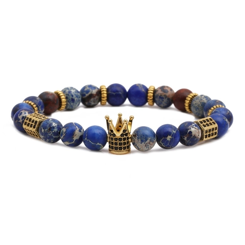 Bracciale Perline Corona Occhio Di Tigre Naturale Diaspro Imperiale Zirconia Rame Intrecciato Mano Gioielli Elastici Uomo Donna