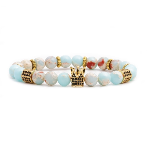 Bracciale Di Perle Rame Ciondolo Corona Dorata Micro Zircone Pietra Naturale Fatto A Mano Corda Regolabile Uomo Donna Gioielli
