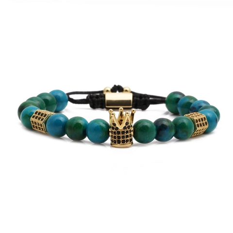 Bracciale Di Perline Pietra Naturale Rame Ciondolo Corona Micro Zirconia Cordino Intrecciato Gioielli Elastici Uomo Donna