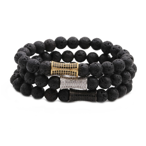 Pulsera De Cuentas De Piedra De Lava Con Micro Pavé De Circón Cilindro De Cobre Joyería Elástica De Piedra Volvánica