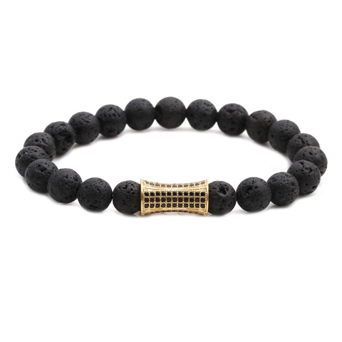 Pulsera De Cuentas De Piedra De Lava Con Micro Pavé De Circón Cilindro De Cobre Joyería Elástica De Piedra Volvánica