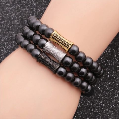 Pulsera De Cuentas Minimalista Piedra Hematita Cobre Micro Pavé Circonita Dije Cilindro Joyería Para Hombres Mujeres