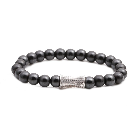 Pulsera De Cuentas Minimalista Piedra Hematita Cobre Micro Pavé Circonita Dije Cilindro Joyería Para Hombres Mujeres
