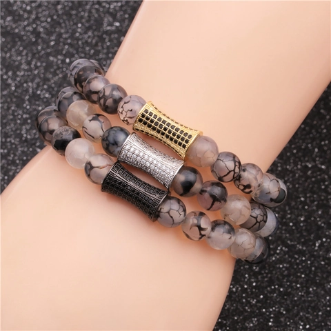 Pulsera De Cuentas De Piedra Vena De Dragón Con Tubo De Cobre Micro Engastado De Zirconia Joyería De Lujo Unisex