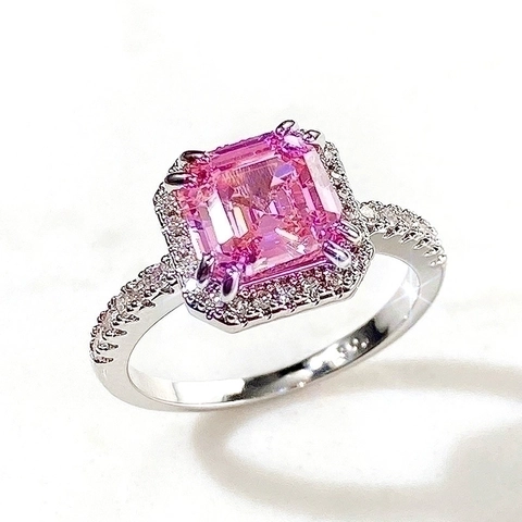 Anello In Zircone Rosa Quadrato Rame Principessa Halo Micro Pavé Gioielli Di Lusso Eleganti Da Donna